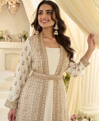 Off white chinon readymade anarkali suit with embroidery & sequence work 2