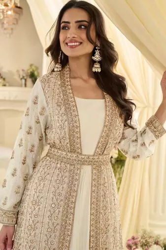 Off white chinon readymade anarkali suit with embroidery & sequence work