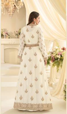 Off white chinon readymade anarkali suit with embroidery & sequence work 3