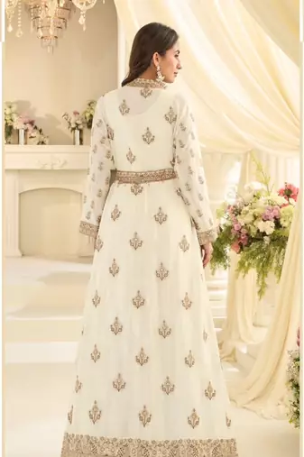 Off white chinon readymade anarkali suit with embroidery & sequence work