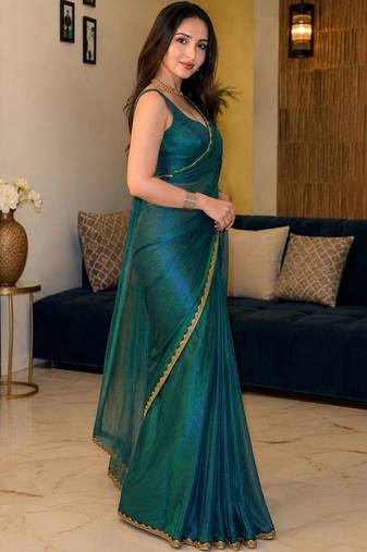Green colout sequins work net saree with blouse