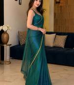 Green colout sequins work net saree with blouse
