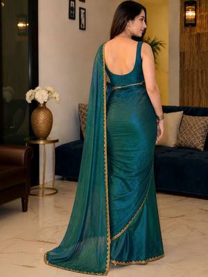 Green colout sequins work net saree with blouse 2