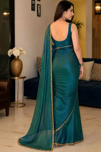Green colout sequins work net saree with blouse