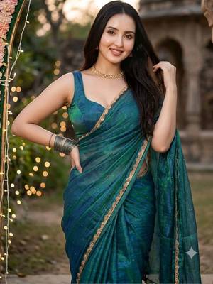 Green colout sequins work net saree with blouse 3