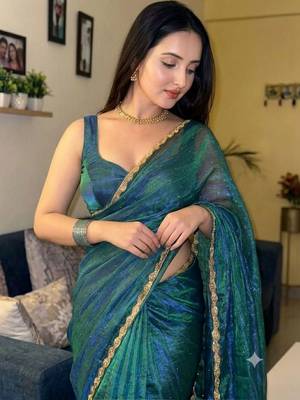 Green colout sequins work net saree with blouse 5
