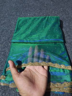 Green colout sequins work net saree with blouse 7