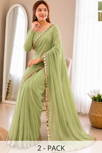 Lime green Mirror Work Georgette Saree with blouse