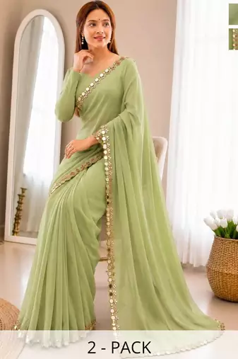 Lime green Mirror Work Georgette Saree with blouse