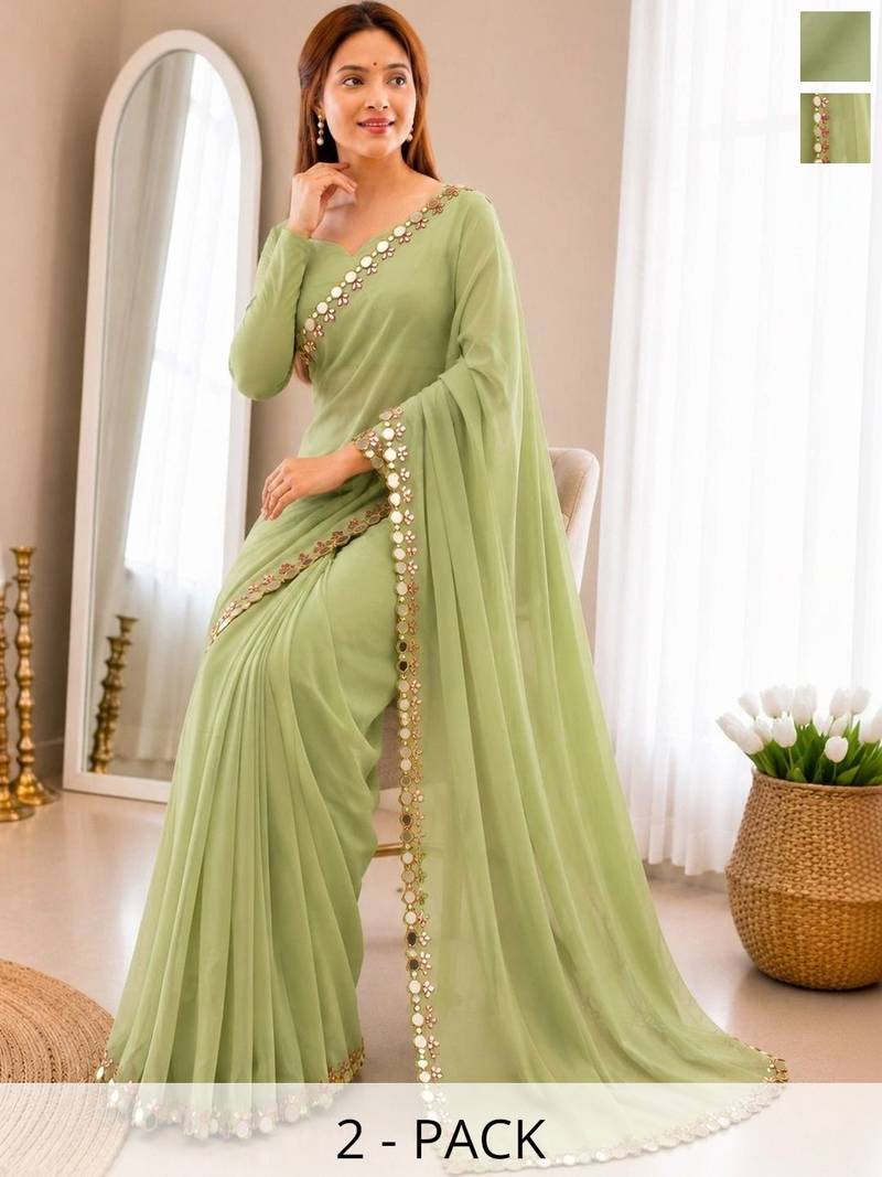 Lime green Mirror Work Georgette Saree with blouse