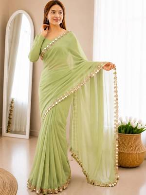 Lime green Mirror Work Georgette Saree with blouse 2