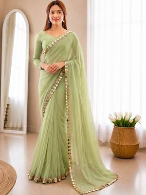 Lime green Mirror Work Georgette Saree with blouse 3