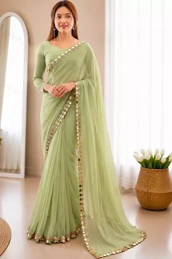 Lime green Mirror Work Georgette Saree with blouse