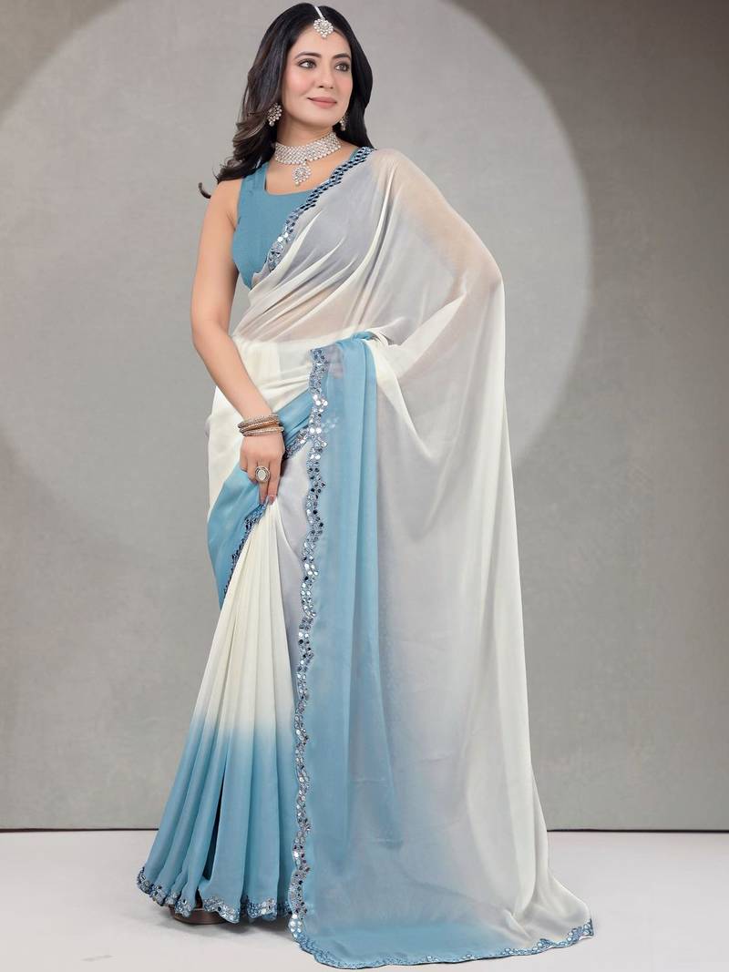 Ombre Mirror Work Georgette Saree with blouse