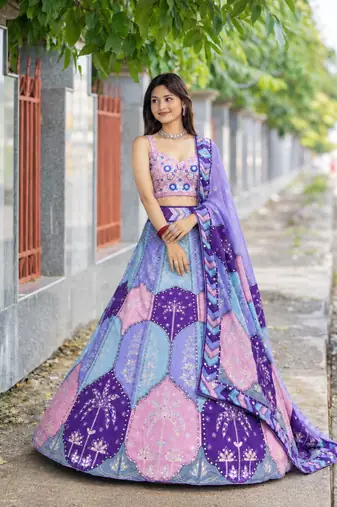 Multi Color Digital Print,Mirror Work Chinon Silk_Blend Lehenga Choli