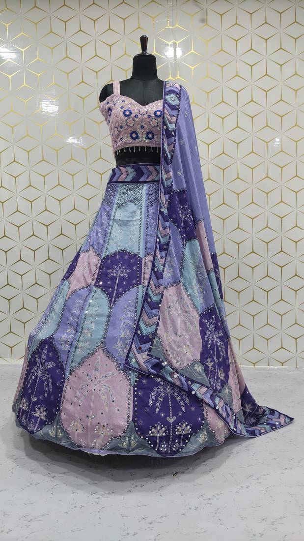 Multi Color Digital Print,Mirror Work Chinon Silk_Blend Lehenga Choli