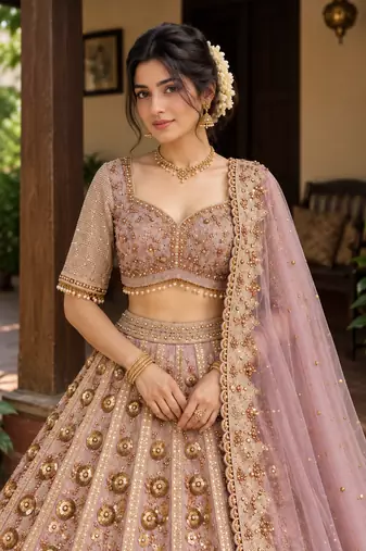 Light PInk Color Embroidery,Dori And Sequence Work Butterfly Net Lehenga Choli