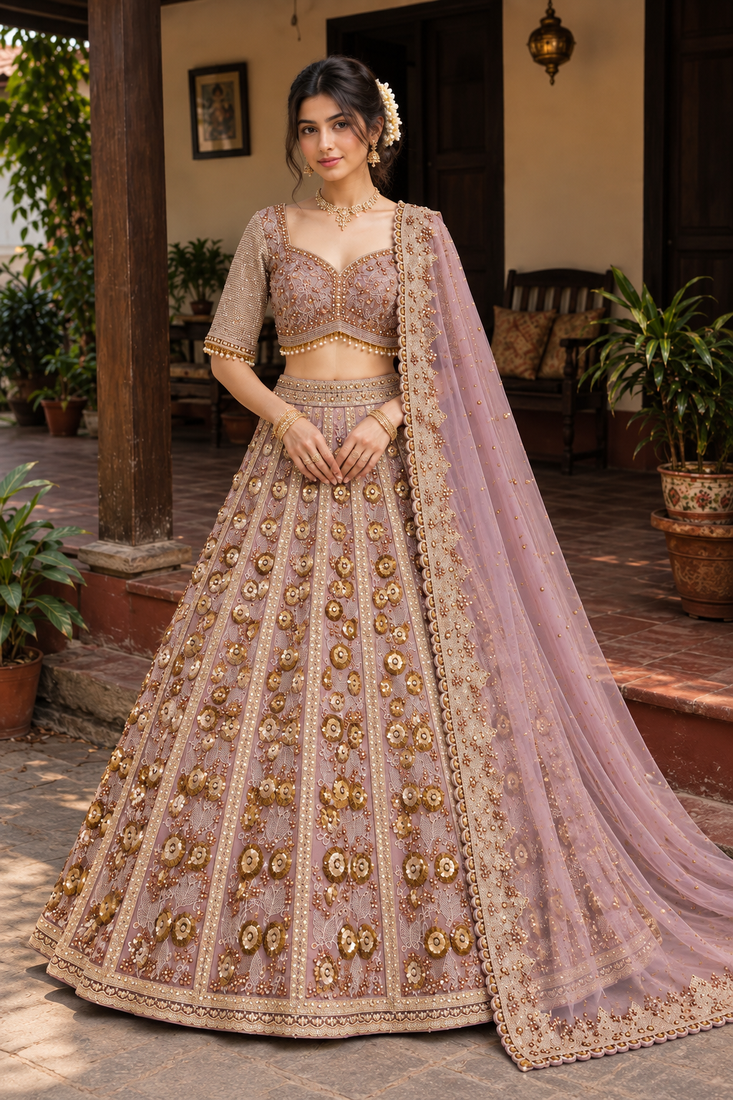 Light PInk Color Embroidery,Dori And Sequence Work Butterfly Net Lehenga Choli