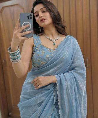 Blue Embroidered Organza Designer Saree with blouse 2