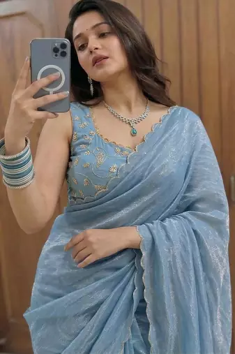 Blue Embroidered Organza Designer Saree with blouse