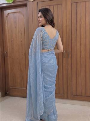 Blue Embroidered Organza Designer Saree with blouse 3