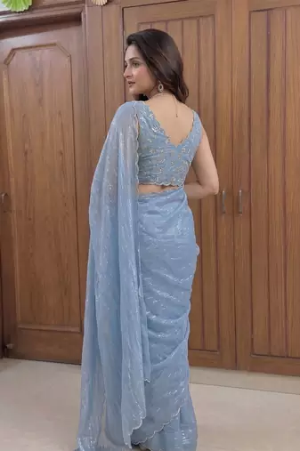 Blue Embroidered Organza Designer Saree with blouse