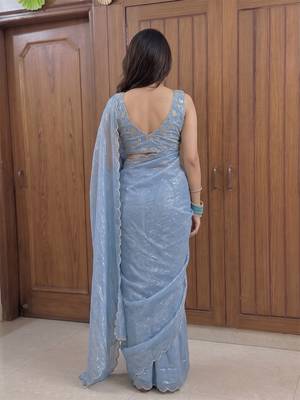 Blue Embroidered Organza Designer Saree with blouse 4