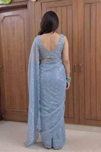 Blue Embroidered Organza Designer Saree with blouse