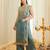 Sea green embroidered fandy satin kurta with viscose rayon pant set