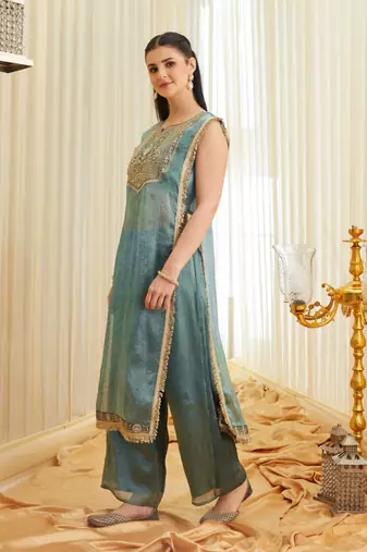 Sea green embroidered fandy satin kurta with viscose rayon pant set