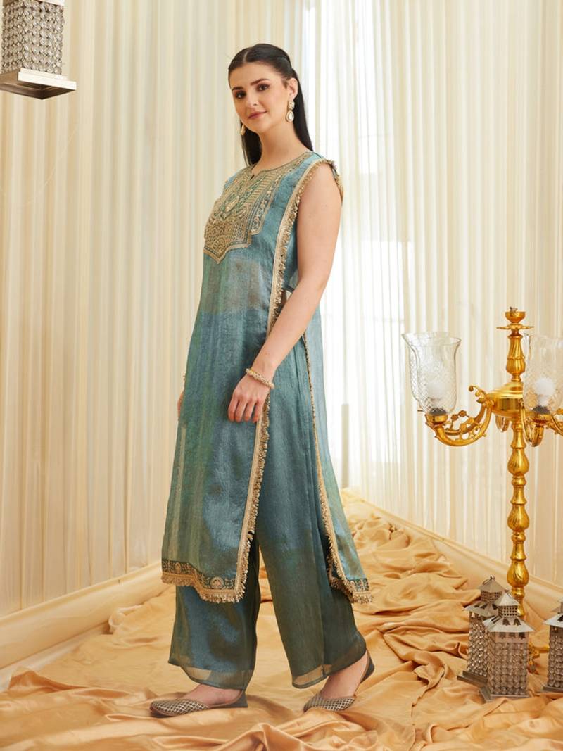 Sea green embroidered fandy satin kurta with viscose rayon pant set