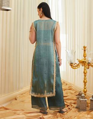 Sea green embroidered fandy satin kurta with viscose rayon pant set 3