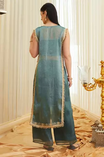 Sea green embroidered fandy satin kurta with viscose rayon pant set