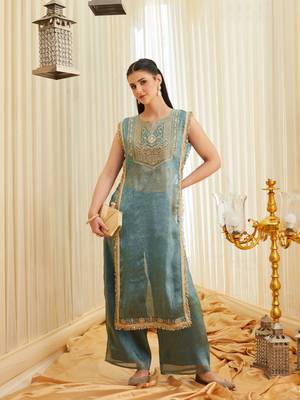 Sea green embroidered fandy satin kurta with viscose rayon pant set 4