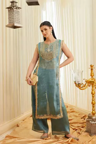 Sea green embroidered fandy satin kurta with viscose rayon pant set