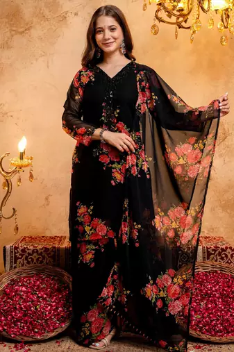 Black printed faux georgette kurta palazzo dupatta set