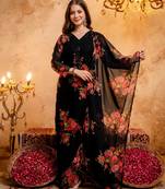 Black printed faux georgette kurta palazzo dupatta set