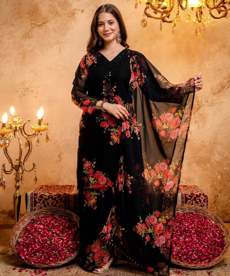 Black printed faux georgette kurta palazzo dupatta set
