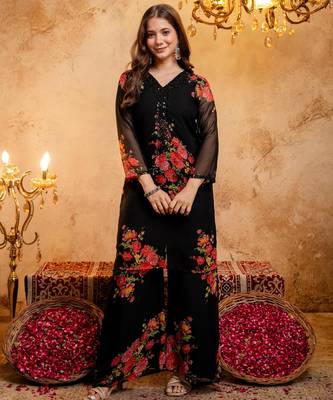 Black printed faux georgette kurta palazzo dupatta set 2