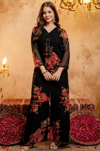 Black printed faux georgette kurta palazzo dupatta set