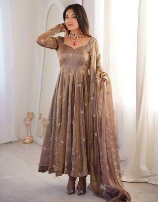 Brown fendy satin anarkali with crepe satin bottom & dupatta 1