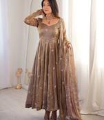 Brown fendy satin anarkali with crepe satin bottom & dupatta