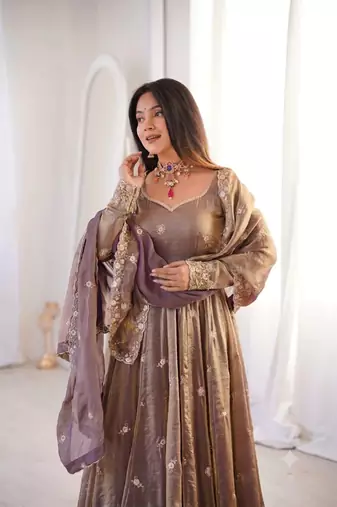 Brown fendy satin anarkali with crepe satin bottom & dupatta