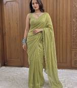 Green Embroidered Organza Designer Saree with blouse 