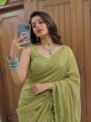 Green Embroidered Organza Designer Saree with blouse  2