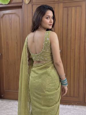 Green Embroidered Organza Designer Saree with blouse  3