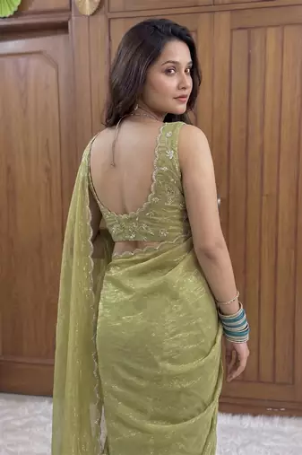 Green Embroidered Organza Designer Saree with blouse 