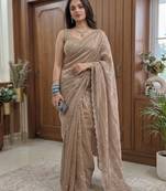 Beige Embroidered Organza Designer Saree with blouse 