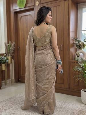 Beige Embroidered Organza Designer Saree with blouse  2