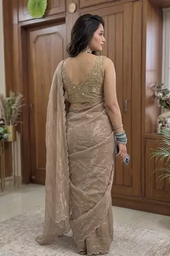 Beige Embroidered Organza Designer Saree with blouse 